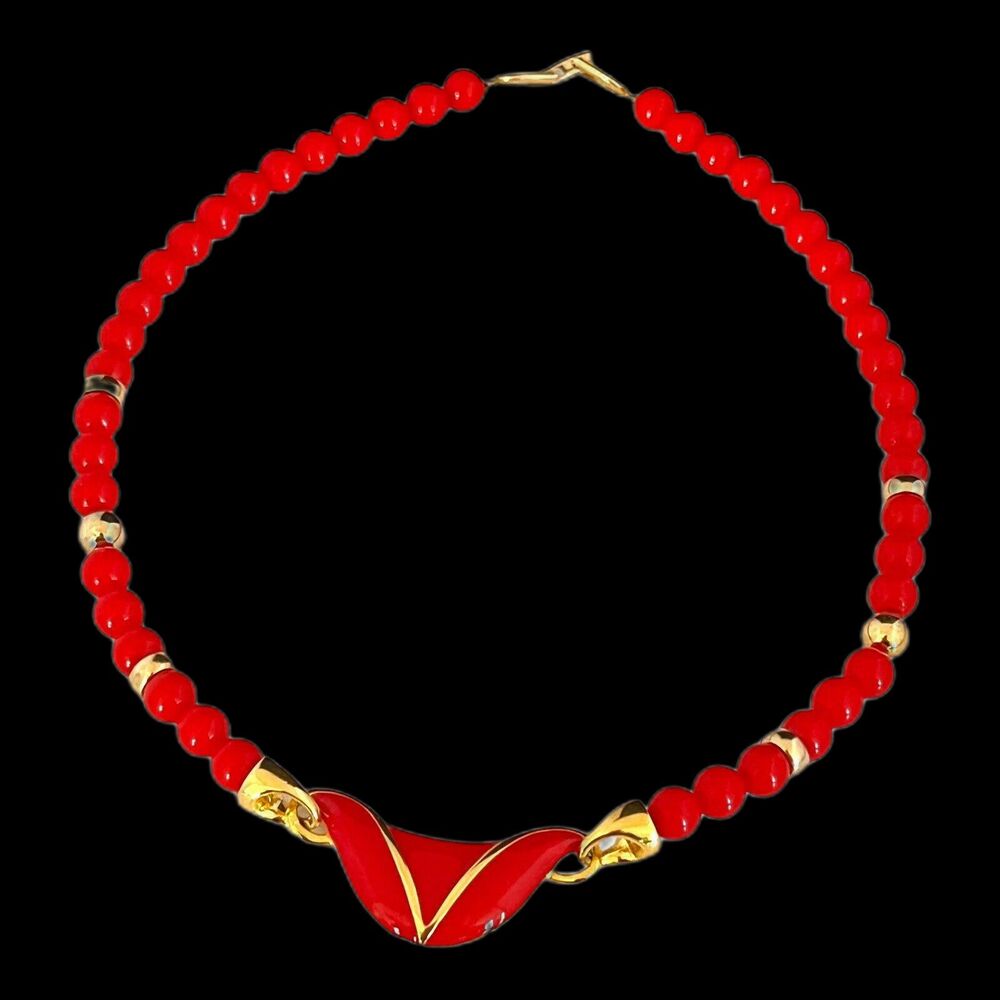 Vintage 1980s Napier Necklace Red Bead Enamel Gold Tone Statement - 12V